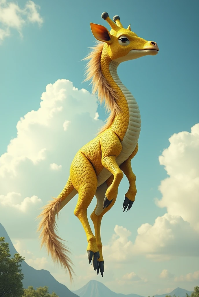 Short-necked giraffe、Has scales on its body、Has a mane、Floating in the sky、The body is yellow.、Its torso is long like a snake.