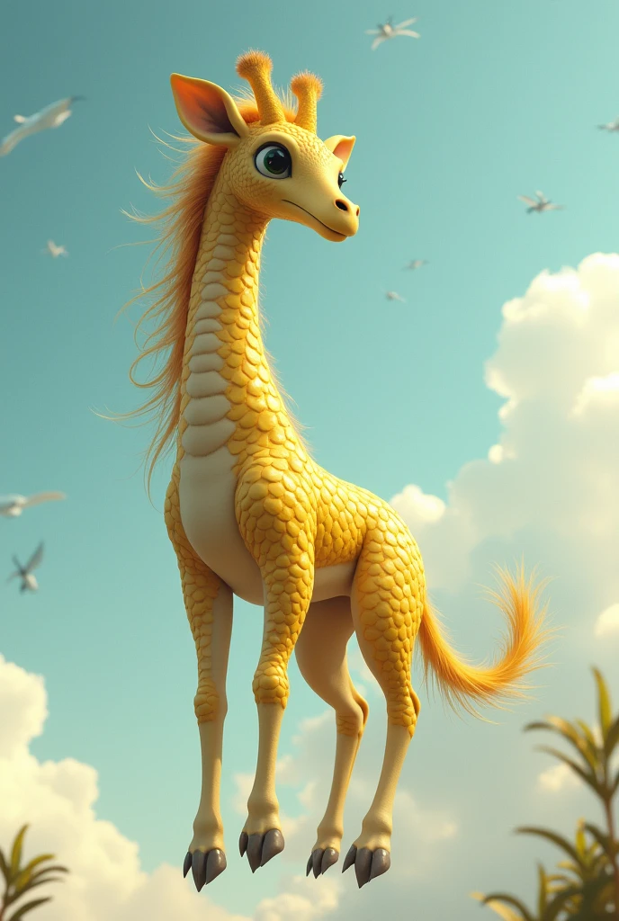 Short-necked giraffe、Has scales on its body、Has a mane、Floating in the sky、The body is yellow.、Its torso is long like a snake.