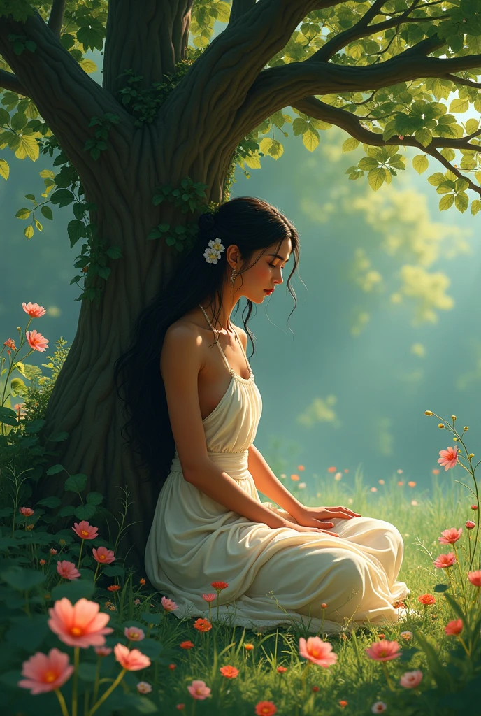 Sad goddess Sita siting under a tree in a beautiful garden which is full of greeny and flowers and goddess Sita is sad