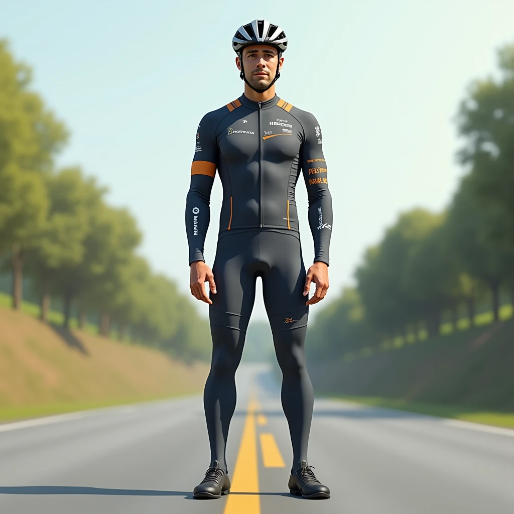 1 male,cyclist,Bodysuits,Are standing,Long tights,Long sleeve,Cycling shoes,Cycling helmet