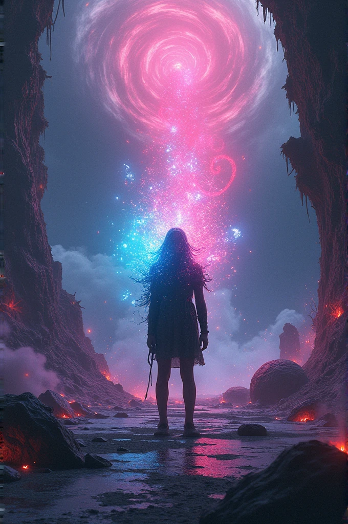Create an image with disintegration and neon effects 