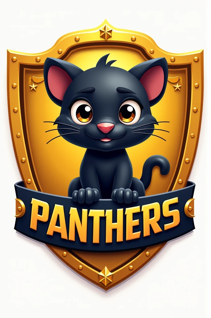 Create a shield featuring a cute animated black panther, suitable for children, with a golden shield background and the title G5 PANTHERS.