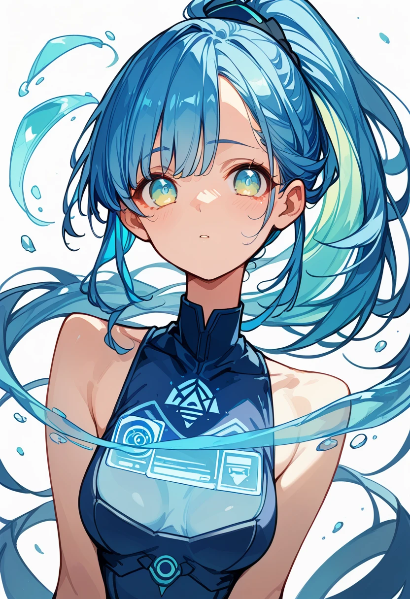 ((Holographic glow effect))、Look up to the sky、Blue Hair、Masterpiece、Best Quality、1 person、Medium breast、((Album cover))、Light on Face、Slim Body、Blue dress、ponytail