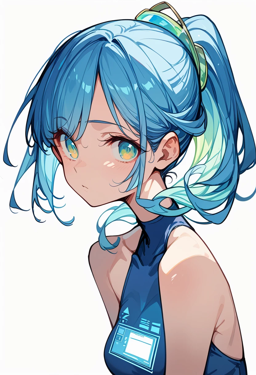 ((Holographic glow effect))、Look up to the sky、Blue Hair、Masterpiece、Best Quality、1 person、Medium breast、((Album cover))、Light on Face、Slim Body、Blue dress、ponytail