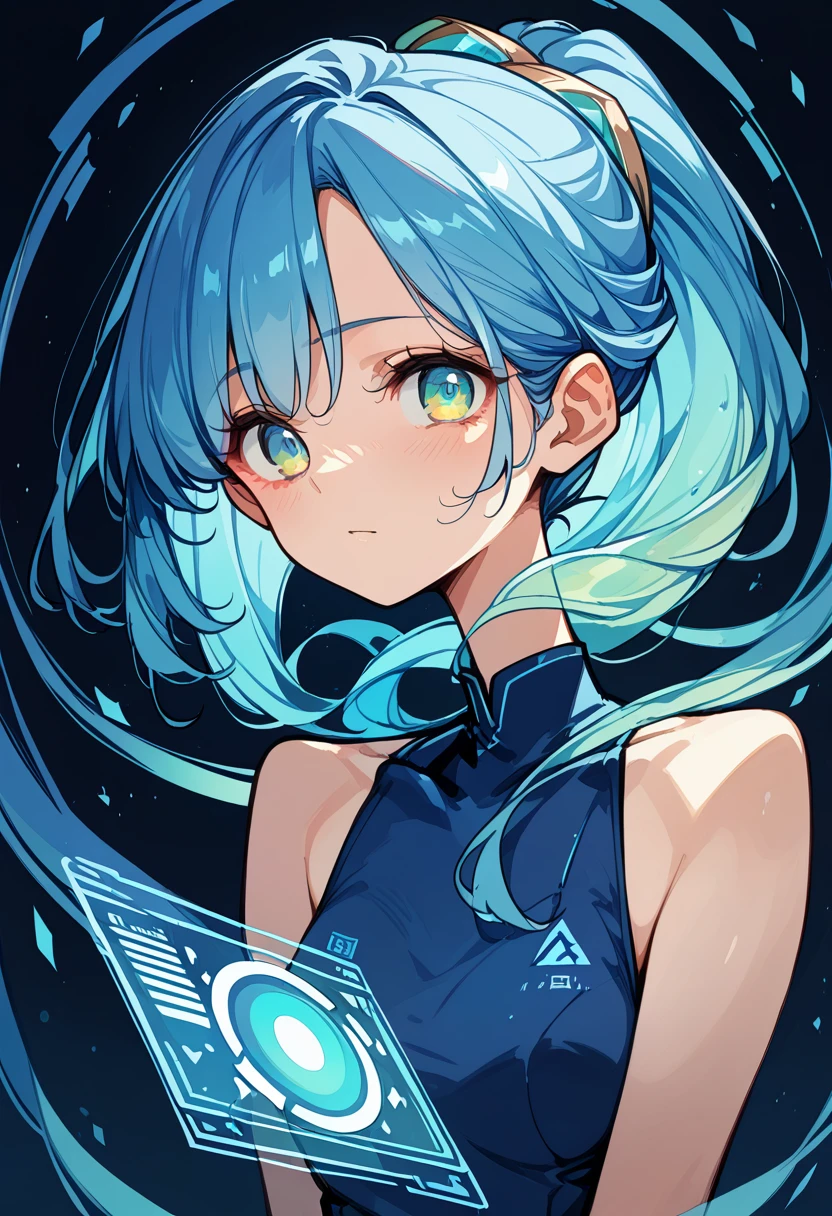 ((Holographic glow effect))、Look up to the sky、Blue Hair、Masterpiece、Best Quality、1 person、Medium breast、((Album cover))、Light on Face、Slim Body、Blue dress、ponytail