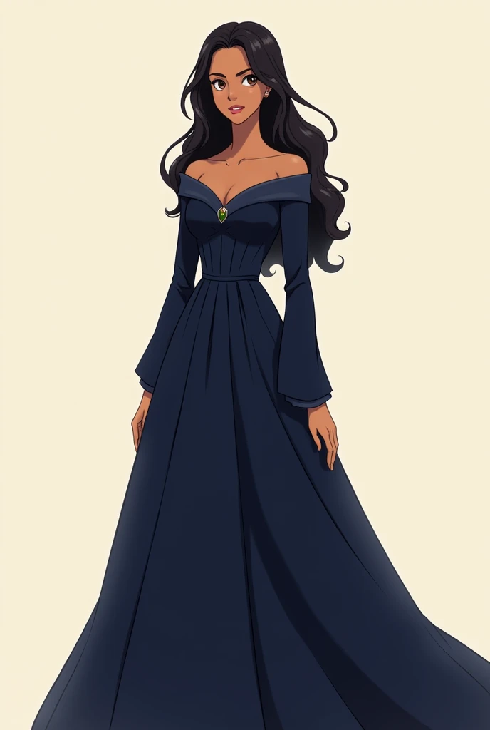 A girl with brown skin tone and curly long
hair.Wearing full sleeve navy blue gown,
Adult, Princess, really descent and serious pose,
Anime.