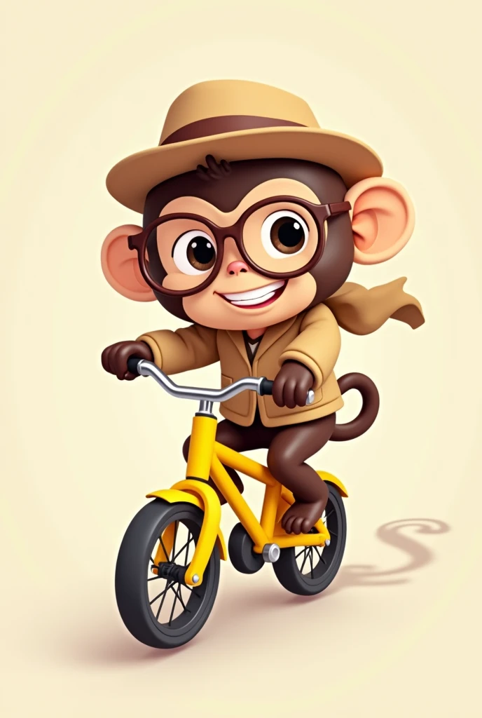 I want an illustration of a cartoon monkey riding a bike. The monkey should have a cute and friendly style, With dark brown fur. He's wearing a light brown hat, and large round glasses that cover a good part of its face. The monkey also wears a jacket the same shade as the hat and brown pants. The bike is bright yellow with black details, like the wheels and handlebars. The background should be simple, of a light beige or similar color, to highlight the figure of the monkey on the bike."