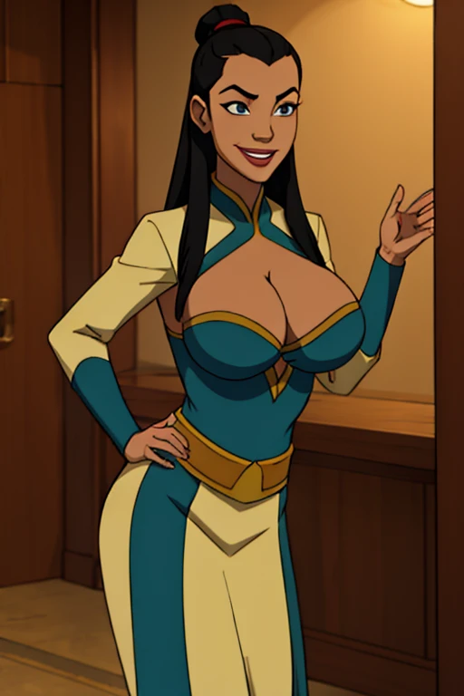 Katara from avatar the last Airbender hypnotized and dressed up as Joo Dee with large breasts and smiling