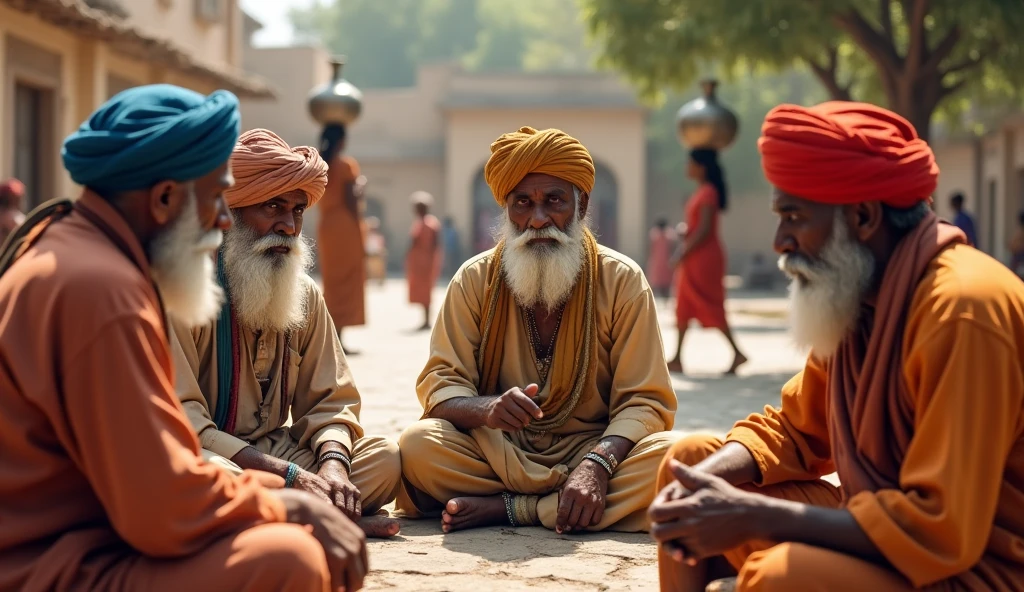 Village Elders Discussing Kishan's ( a young man ) Behavior: A group of elderly villagers, dressed in traditional Rajasthani turbans and dhotis, are seated in a circle on the ground, discussing Kishan’s temper. Their faces are serious and thoughtful as they exchange concerns about Kishan’s frequent outbursts. In the background, the village square is depicted, with children playing and women carrying pots of water on their heads, highlighting the contrast between the peaceful village life and the subject of their discussion.