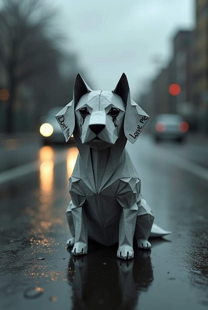 origami paper Dog sitting on the road and crying, black ink tears from eyes, text on paper says "dont leave me", close-up, dark clouds, rain, water puddles and cars, street, emotional scene, realistic, cinematic lighting and dramatic atmosphere,