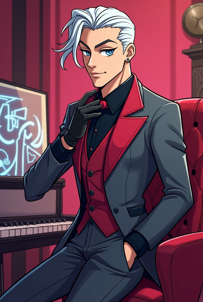 ((Hazbin hotel toon style image)) In Hazbin Hotel, Amadeus has a striking appearance with a crimson and grey outfit, reminiscent of a pianist, complete with leather gloves. His hair is licked to the back and white. ((Hazbin Hotel Toon Style image))
