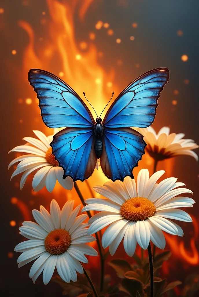 Blue butterfly in the middle of the fire,almost burning,with white daisies (flores) Around her. Realistic Painting