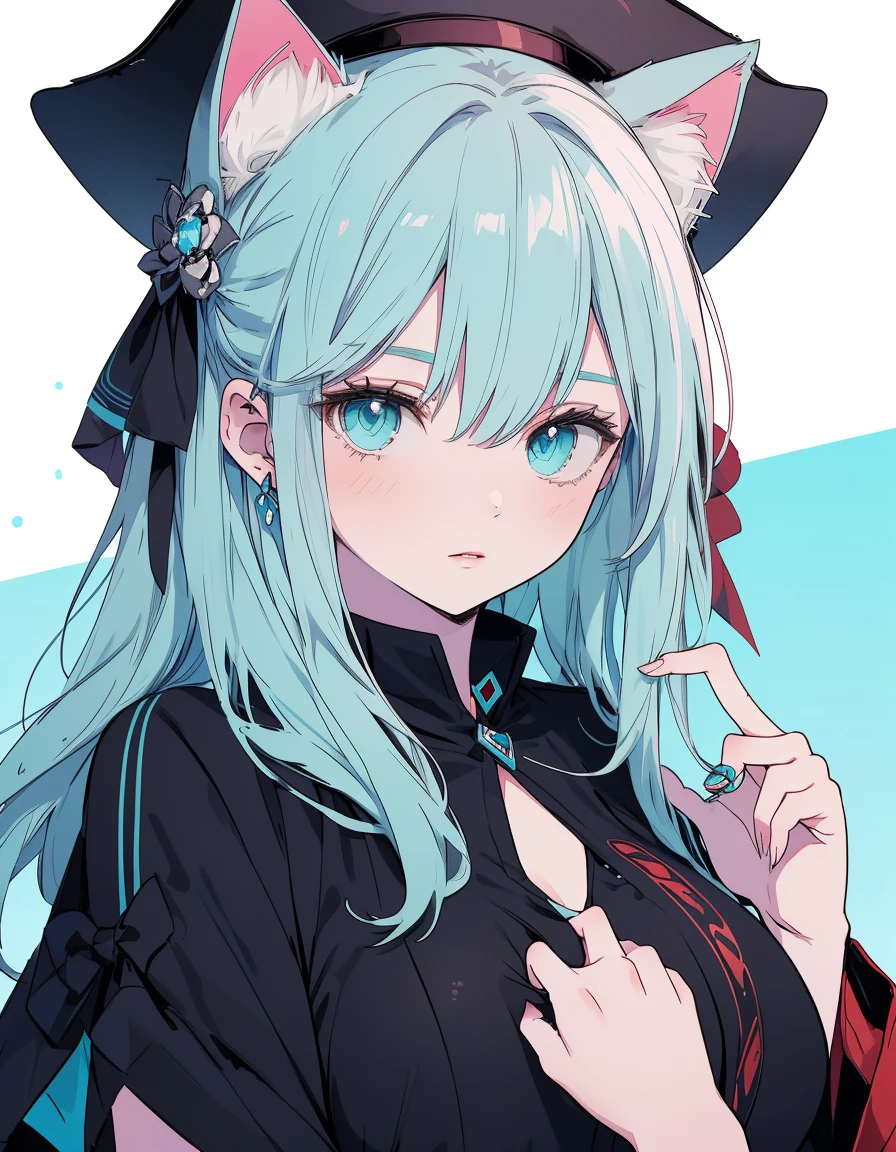 strow hat, pirates dress, black blade, ((masterpiece, best quality:1.5)), ((Beautiful detailed cat aqua eyes:1.2)), cat ears, pale skin, medium breasts, beautiful hands, beautiful fingers, EasyNegative
