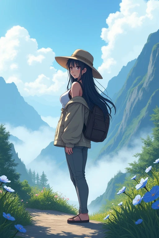 masterpiece,HDR,illustration,Anime,bokeh,1 girl,black hair,big breasts,earring,jacket,long pants,safari hat,backpack,She's facing forward,She looks up,White thick fog,The whole area is covered with white fog,morning mist,morning glory,mountain trail