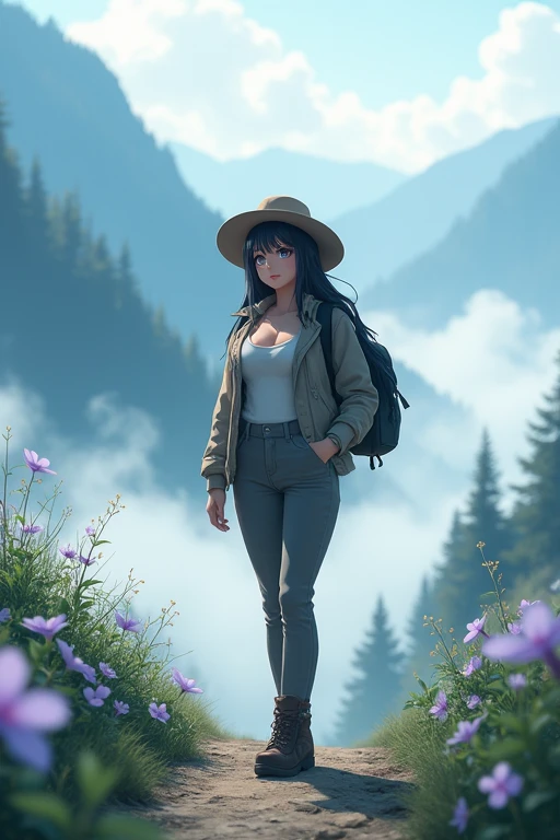 masterpiece,HDR,illustration,Anime,bokeh,1 girl,black hair,big breasts,earring,jacket,long pants,safari hat,backpack,She's facing forward,She looks up,White thick fog,The whole area is covered with white fog,morning mist,morning glory,mountain trail