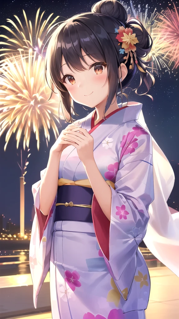 Against the background of fireworks、A scene of a cute girl in a yukata looking up at the sky.。She is wearing a brightly colored yukata,、with a light shawl draped over her shoulders.。Her hairstyle is a bun or tied to the side,、She has summery hair accessories.。The girl's expression is a mixture of surprise and joy, a gentle smile.。The fireworks in the background illuminate the night sky with vibrant colors.、You can see colorful fireworks blooming in the sky.。overall、highlighting the fun summer atmosphere and cuteness of the composition.。