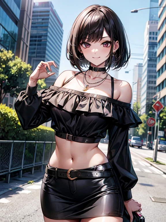 ((masterpiece, Highest quality, Very detailed)), One girl, gyaru, black hair, bob cut, swept bangs, black Eyes, Thick thighs, 

evil smile, 

lots of piercing, medium Breasts, 

BREAK 
cowboy shot, contrapposto, put hand on hip,
black off shoulder long sleeve top, necklace, bare belly button, Black belted mini skirt
BREAK 
(beautiful scenery), daytime, A huge intersection, a huge building visible in the distance, a glass building, electronic bulletin boards, traffic lights, street trees, lots of people, bokeh, 