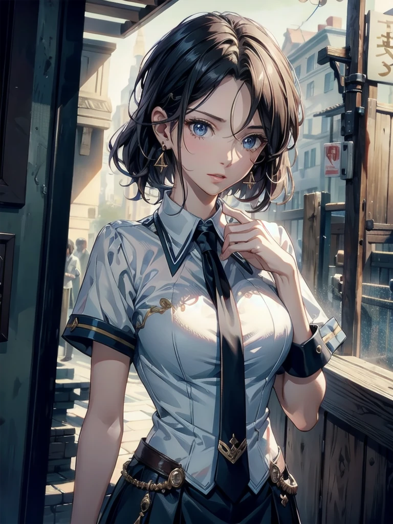 absurdres, RAW photo, extremely delicate and beautiful, masterpiece, Best Quality, ultra high resolution, 32k, hyper realistic, ultra-detailed, Very detailed CG 8k wallpaper, detailed background, landscape, Beautiful Lighting, Perfect Lightning, Realistic Shadows, perfect anatomy, anatomically correct, ideal ratio body proportions, perfect figure, Perfect Style, Perfect balance, super Detailed skin, in her 30s, very Slim body, narrow waist, very small head, very small face, delicate facial features, handsome detailed woman, very detailed eyes and face, realistic face proportions, Realistic beautiful face, Realistic beautiful eyes, tearful mole, earring, very huge round tits, medium short hair, asymmetrical hair, wavy hair, outdoor, school_uniform, accessories, tie,