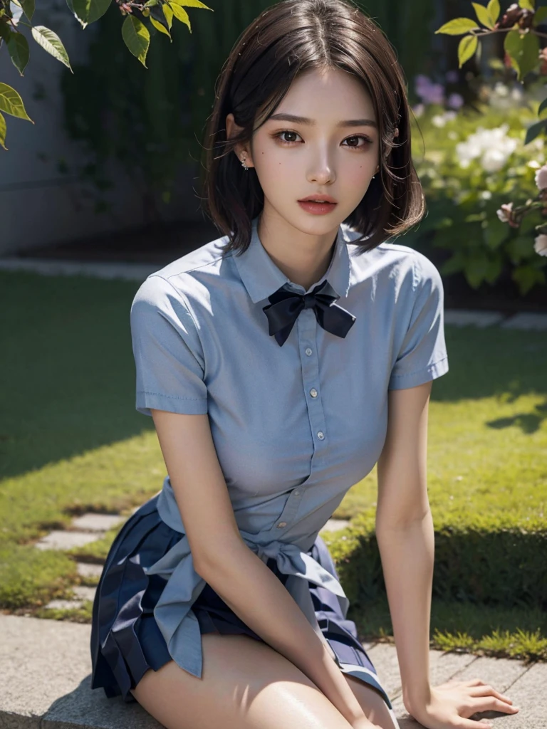 Korean 、summer shirt、Tight shirt、Ribbon Ties、skirt by the、schools、stairs at school、chest lifting pose、Emphasis on the chest、Slender and large、8K raw photos、A high resolution、18-year-old Korean、embarrassing looking、very large round breasts、Beautiful eyes finely detailed、long eyelasher、beautiful double eyelid、eye shadows、eyeline、slender eyes、Elongated eye shape、Sanpaku eyes、beautiful and thin legs、Beautiful slender thighs、Random Shorthair、Tie your hair behind your head、耳Nipple Ring、Light brown hair、(Wear pantyhose)、Hold your knees,short hair, fishnet stocking