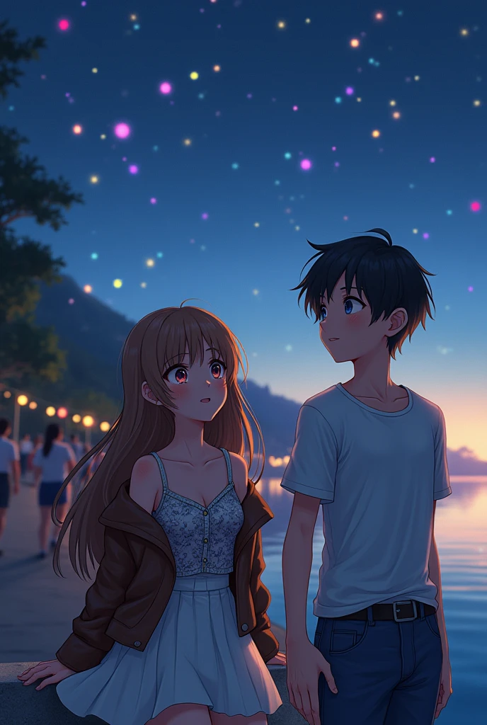 Background of a lake with floating lights in the sky while it's night. A light brown-haired girl with long hair, amber eyes, and a slight pink hue on his cheeks. With a white skirt above her knees, and a sleeveless, short floral shirt, with a leather jacket on top, but let it be big. a black haired boy, Blue-eyed, and some light freckles on his face, with a white shirt and jeans that aren't too tight. The girl is smiling with her head raised towards the sky while resting her elbows on a Serca . While the boy silently watches her.. She is distracted and doesn't realize that he is looking at her with a twinkle in his eye. Around them are many people. The boy is taller than the girl, and he watches her while she is distracted 