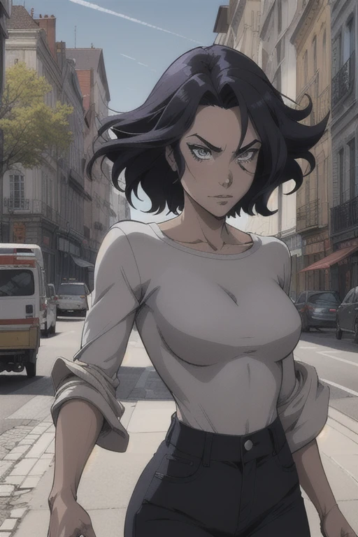 (style dessin animé:1.2), dessin une femme, 30 ans, cheveux noirs courts et bouclés, portant une tenue de cow-boy noire, en gros plan, debout, visage en colère, ville sombre détaillée, arrière-plan, éclairage et composition sombres, style bande dessinée 2d.