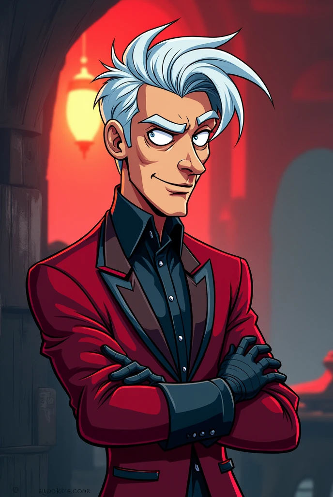 ((Hazbin hotel toon style image)) In Hazbin Hotel, Amadeus has a striking appearance with a crimson and grey outfit, reminiscent of a pianist, complete with leather gloves. His hair is licked to the back and white. ((Hazbin Hotel Toon Style image))