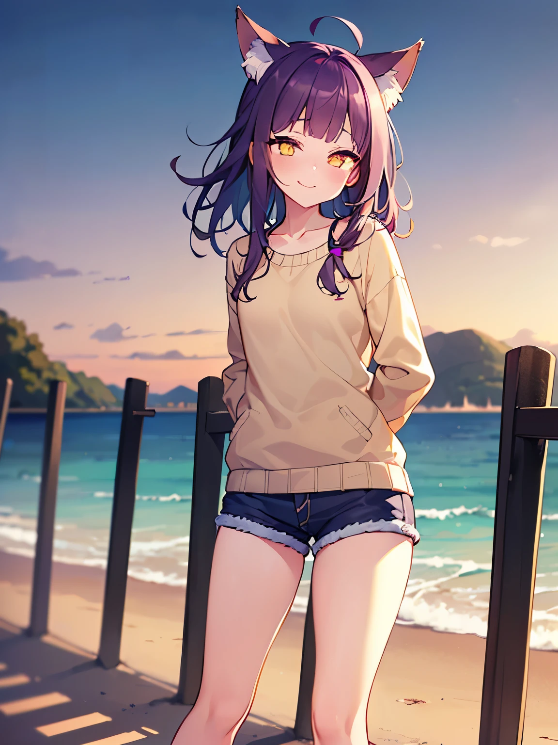 photorealistic, 1girl, saturated violet hair, orange fox ears (1.7), flat chest (1.7), puffed out her cheeks, saturated glowing bright orange eyes, cat-like pupils (2), sandy beach, denim shorts, sweater, narrow waist (2), tired but happy eyes, cutely holds hands behind back,flirts(1.6)

