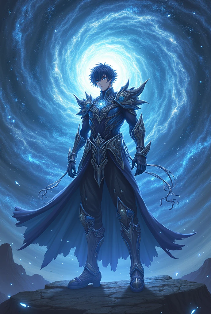 A male anime character with dark powers standing at the center of a spinning cosmic vortex. This being exudes an aura of invincibility, with a majestic and imposing presence that extends across multiple dimensions. Ialdabaoth is adorned in intricate, shimmering armor that reflects the stars, with ethereal, energy-like tentacles extending from its back. His eyes shine with a bright, otherworldly light, and the environment around him warps under his immense power. The background is a mesmerizing mix of deep space and ever-shifting dimensional rifts., showing its multidimensional nature.