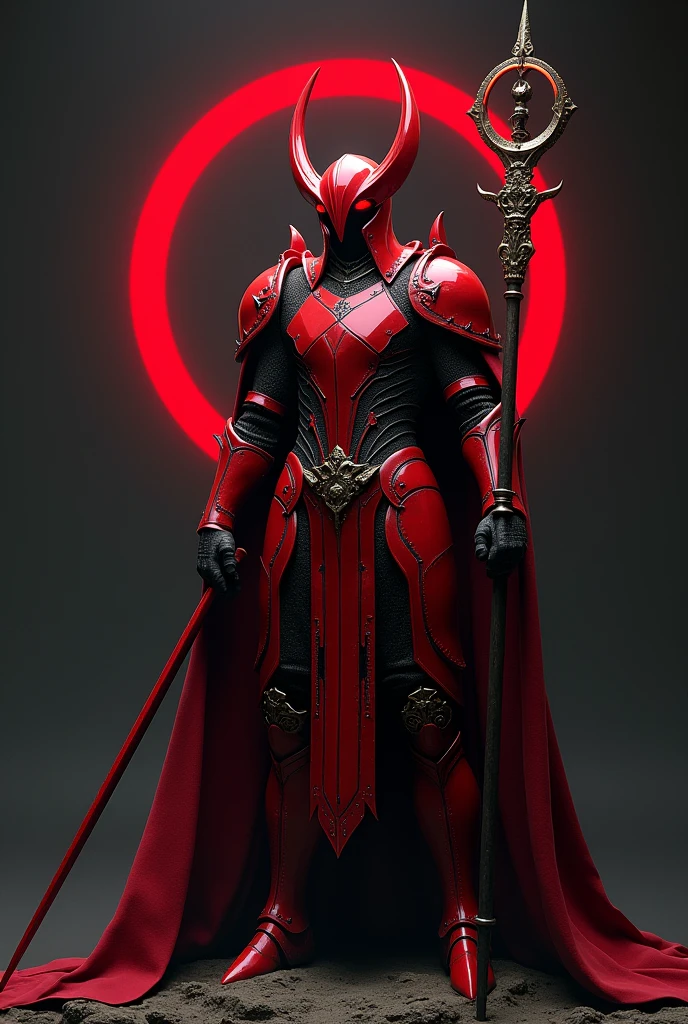 Personnage inspiré d'un chevalier de l'éclipse avec une scéptre avec la lune de l'éclipse déçu sa lance au bout au couleur rouge clair sur sont scéptre un casque rouge avec la lune en métal rouge de l'éclipse déçu des yeux rouges avec du noir sur la peau la ou il y a s'est yeux rouge
Une armure rouge vif total sur luis est un côté menacent