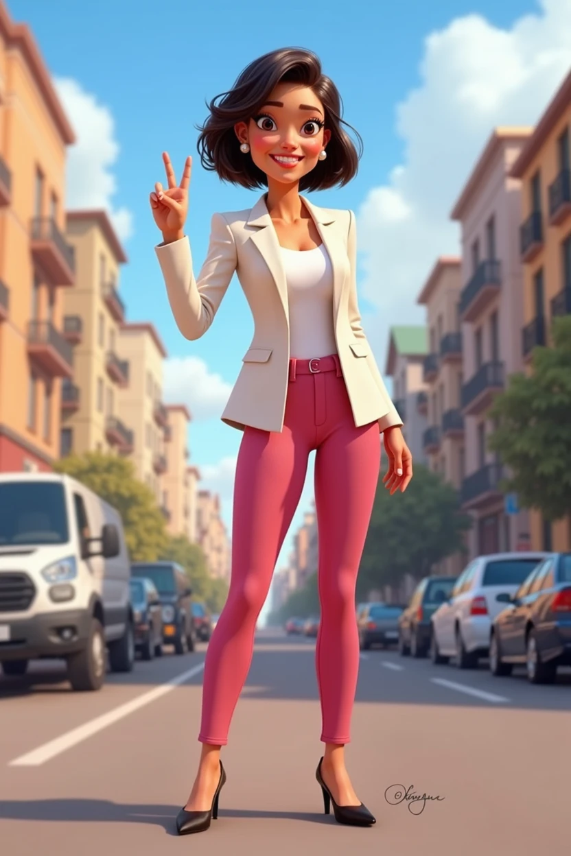 FULL-BODY WOMAN IN PIXAR CHARACTER STYLE, WITH SHORT DARK BROWN HAIR TO HER SHOULDERS, skin fair, dark shaped eyes, smiling showing teeth, WEARING A WHITE BLAZER, PINK WOMEN'S DRESS PANTS, WEARING BLACK SHOES, MAKING THE LETTER V WITH HER FINGERS, CITY COUNCILWOMAN, WITH A CITY BACKGROUND, CITY OF CAMPO LARGO