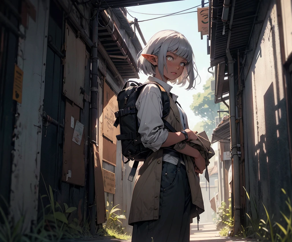 1 girl, female character, half-elf, , medium height, thin and slightly muscular, short hair and short straight bangs, slightly pointed ears, medieval clothes, simple armor, casual travel clothes, survival equipment, warrior, barbarian, assassin, loose trousers, shirt, backpack, raincoat, vest, light gray hair, 1.5 meters tall, dual small daggers, black and dull blue clothes, red accents, modest accessories, full-length, slightly old shabby clothes, eerie menacing expression, yellow eyes, character reference, (best quality,4k,8k,highres,masterpiece:1.2),ultra-detailed,(realistic,photorealistic,photo-realistic:1.37),portraits,dark fantasy,cinematic lighting,dramatic composition