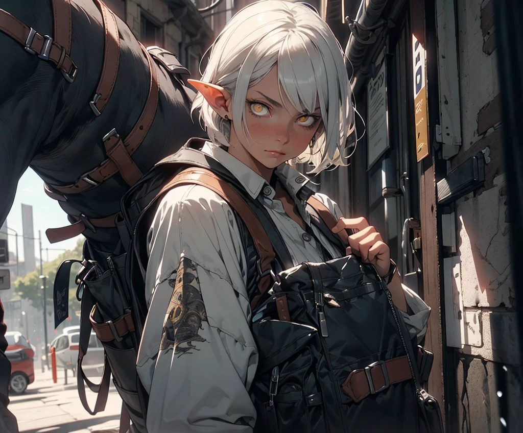 1 girl, female character, half-elf, , medium height, thin and slightly muscular, short hair and short straight bangs, slightly pointed ears, medieval clothes, simple armor, casual travel clothes, survival equipment, warrior, barbarian, assassin, loose trousers, shirt, backpack, raincoat, vest, light gray hair, 1.5 meters tall, dual small daggers, black and dull blue clothes, red accents, modest accessories, full-length, slightly old shabby clothes, eerie menacing expression, yellow eyes, character reference, (best quality,4k,8k,highres,masterpiece:1.2),ultra-detailed,(realistic,photorealistic,photo-realistic:1.37),portraits,dark fantasy,cinematic lighting,dramatic composition