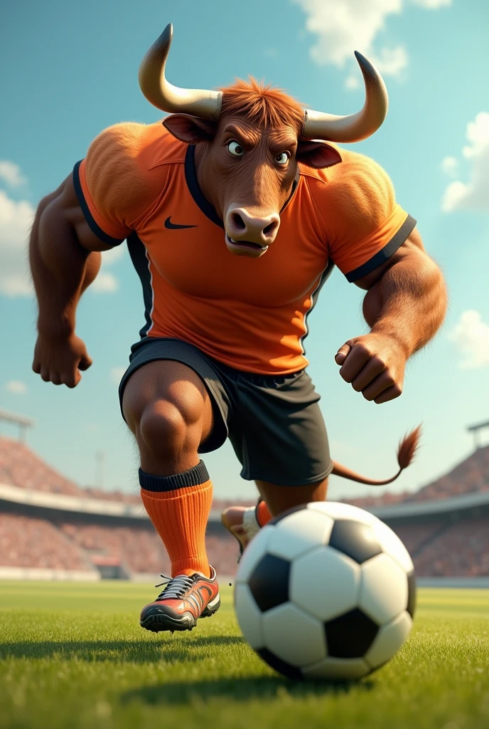 A happy, muscular, animated brown adult bull kicking a soccer ball wearing an orange and black sports uniform, in profile..