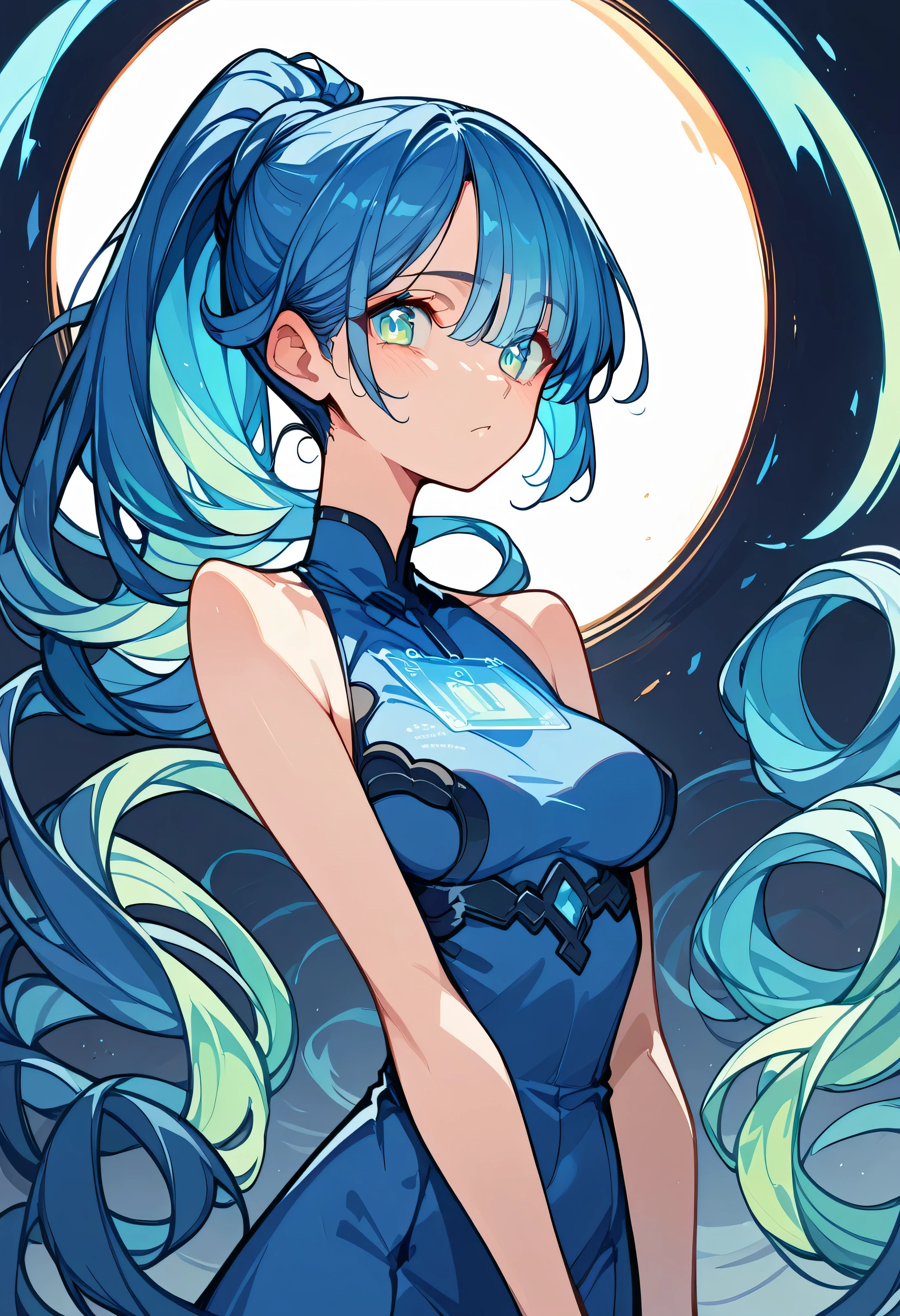 ((Holographic glow effect))、Blue Hair、Masterpiece、Best Quality、1 person、Medium breast、((Album cover))、Light on Face、Slim Body、Blue dress、ponytail