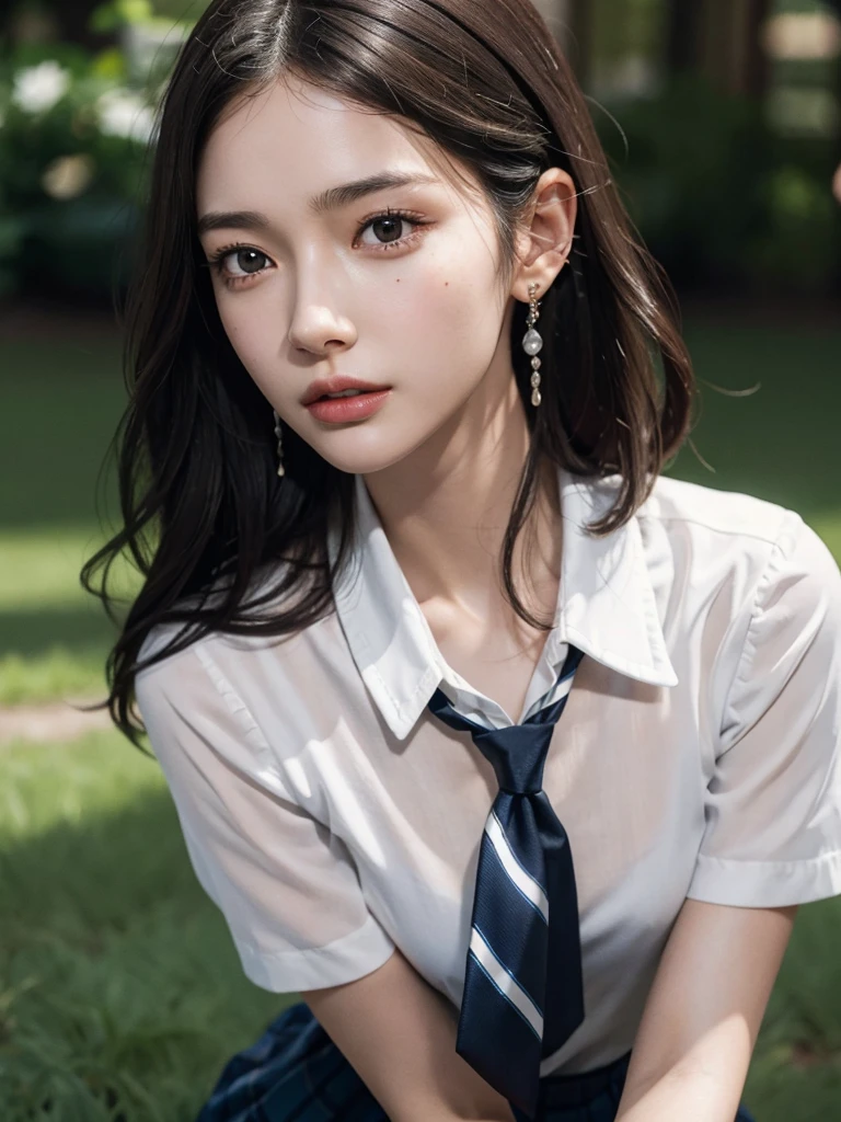 absurdres, RAW photo, extremely delicate and beautiful, masterpiece, Best Quality, ultra high resolution, 32k, hyperrealistic, ultra-detailed, perfect figure, Perfect Style, Perfect balance, in her 20s, very small head, very small face, delicate facial features, tearful mole, earring, very huge round breasts, full body shot, short medium hair, wavy hair, outdoor, (school_uniform:1.2), dress shirt, tie,