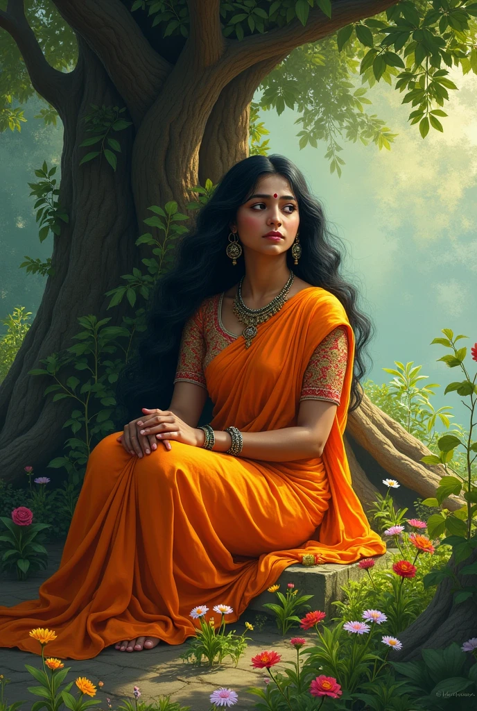 Sad goddess Sita in orange saree siting under a tree in a beautiful garden which is full of greeny and flowers and goddess Sita is sad