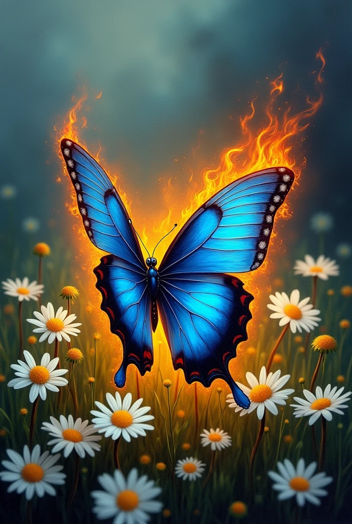 Blue butterfly burning in the fire,with white daisies (flores) Around her. Realistic Painting