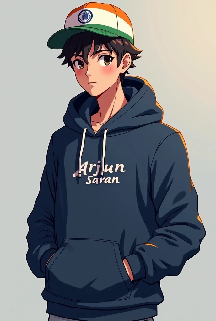 An anime man, wearing a hoodie, a cap on his head, Arjun Saran written on the hoodie, Indian flag on the cap