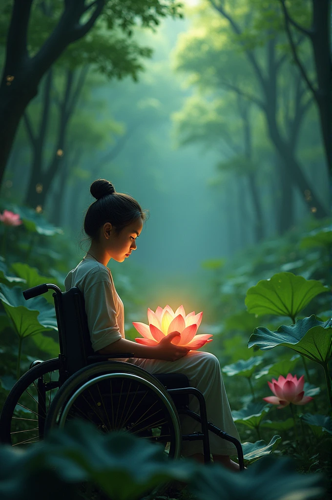 An invalid person, a green forest in the background a lotus flower illuminated