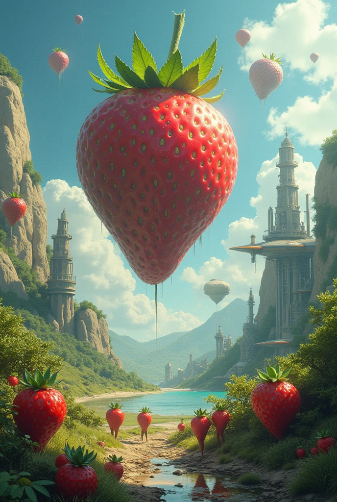 Planet where strawberries are inhabitants with a spaceship
