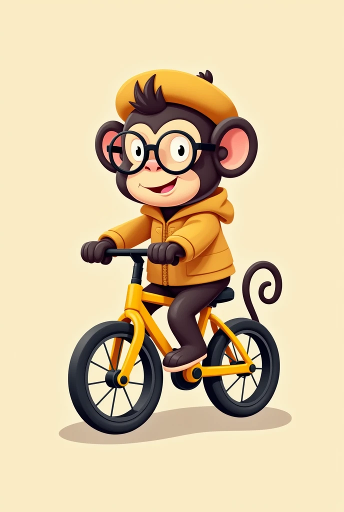 I want an illustration of a cartoon monkey riding a bike. The monkey should have a cute and friendly style, With dark brown fur. He wears a light brown beret., and large round glasses that cover a good part of its face. The monkey also wears a jacket the same shade as the hat and brown pants. The bike is bright yellow with black details, like the wheels and handlebars. The background should be simple, of a light beige or similar color, to highlight the figure of the monkey on the bike."
