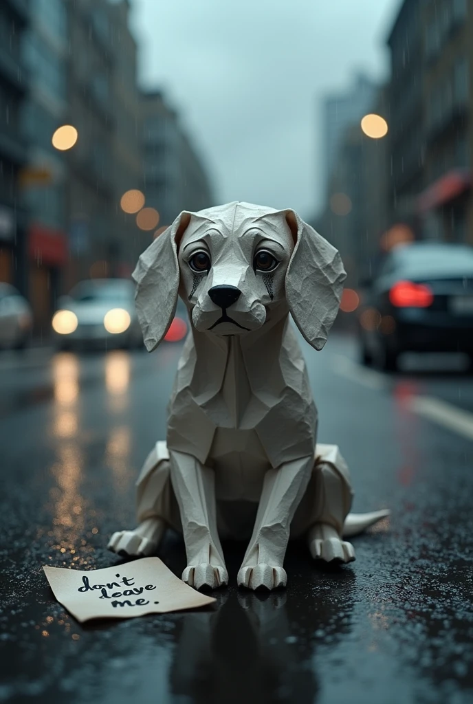 origami crush paper Dog sitting on the road and crying, (vista lateral) black ink tears from eyes, text on paper says "dont leave me", close-up, dark clouds, rain, water puddles and cars, street, emotional scene, realistic, cinematic lighting and dramatic atmosphere,