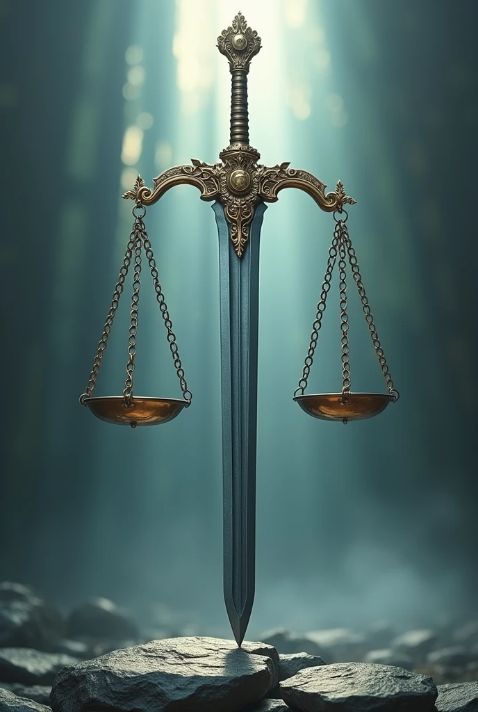 sword with the scales of justice "Kneeling before God standing before the world" On the balance scale, place truth on the left and justice on the right.