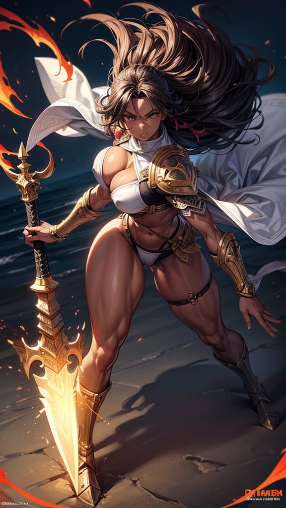High quality 8k full body image 2.0 neutral lighting. Sensual warrior around 30 years old, big ass, dark skinned, Full lips, abundant afro-type hair, Very toned arms and legs, with big eyes, small waist wide hips perfect buttocks perfect bust marked nipples wearing a tight berserker armor with very intricate details, holds a flaming sword in defensive mode, His gaze reflects the experience of many battles, He looks defiant and confident, around a sunny beach
