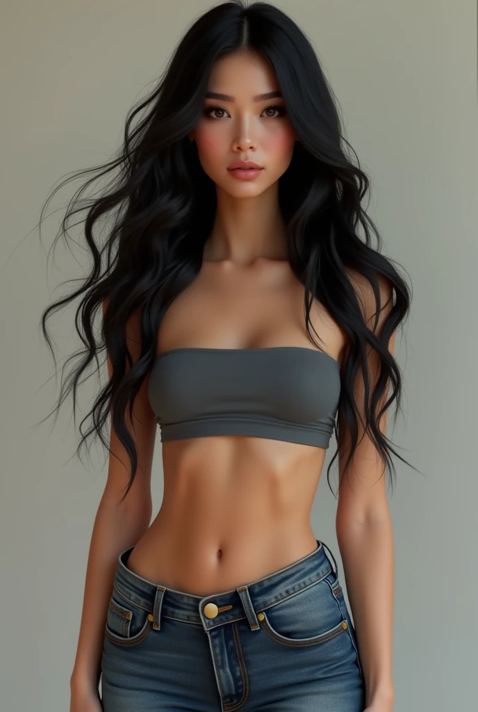 Magnificent thin girl with black hair wearing a tube crop top and low jeans
