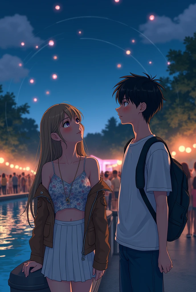 Background of a lake with floating lights in the sky while it's night. A light brown-haired girl with long hair, amber eyes, and a slight pink hue on his cheeks. With a white skirt above her knees, and a sleeveless, short floral shirt, with a leather jacket on top, but let it be big. a black haired boy, Blue-eyed, and some light freckles on his face, with a white shirt and jeans that aren't too tight. The girl is smiling with her head raised towards the sky while resting her elbows on a Serca . While the boy silently watches her.. She is distracted and doesn't realize that he is looking at her with a twinkle in his eye. Around them are many people. The boy is taller than the girl, and he watches her while she is distracted