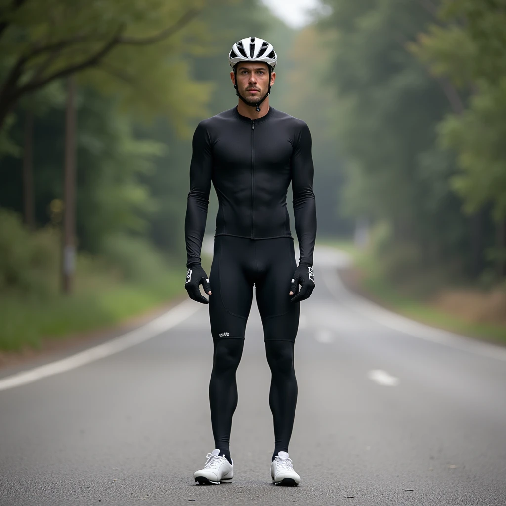 1 male,cyclist,Bodysuits,Are standing,Long tights,Long sleeve,White binding shoes,White cycling helmet,Black socks