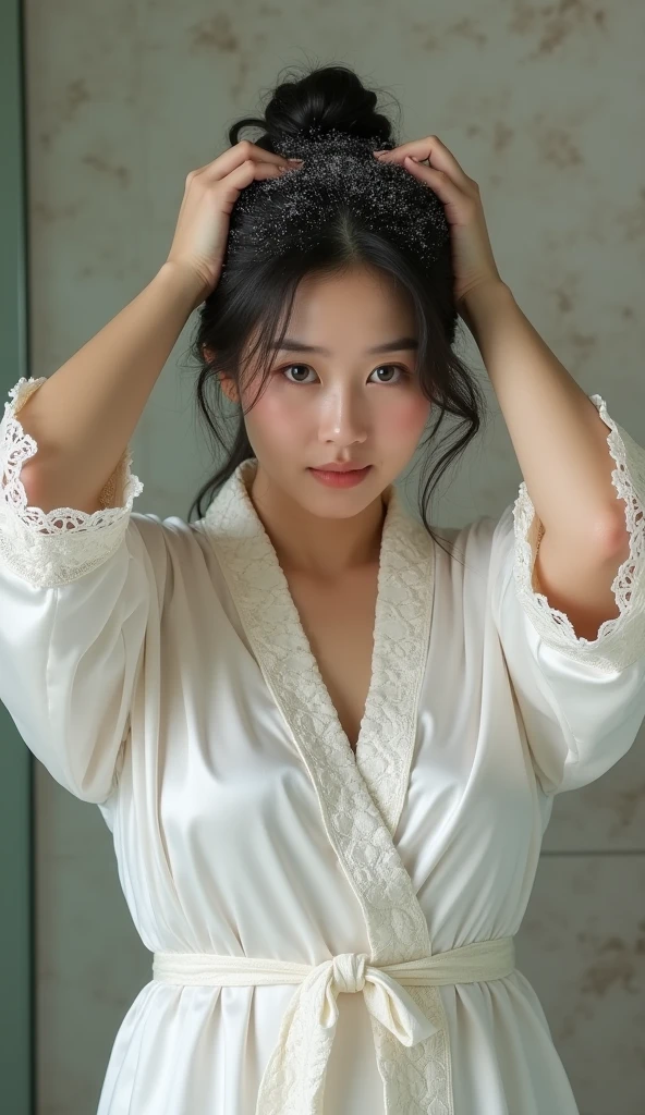 Create an Asian beauty,Wearing a white lace satin bathrobe,Proud and plump figure,Scratching the scalp with both hands,There is a lot of dandruff on the top of the head,The expression is hideous,The characters are realistic and realistic,Bathroom Background,9:16 frames,Ultra-high-definition picture quality