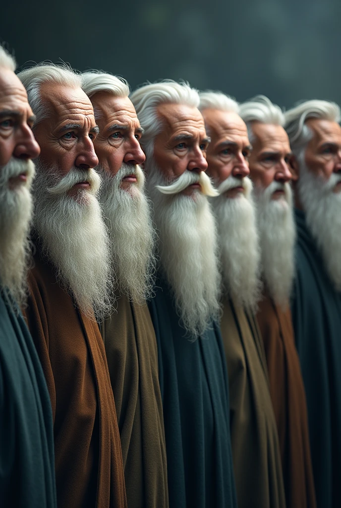Seven wise old men, side by side, with a mysterious and charming appearance.. He has a white, well-groomed beard, his face is marked by wrinkles that tell stories of a long life full of wisdom. His eyes are clear, as if they held the secrets of the universe, radiating a deep serenity and knowledge. He wears a simple robe, yet elegant, that reinforces his aura of mystery and beauty.