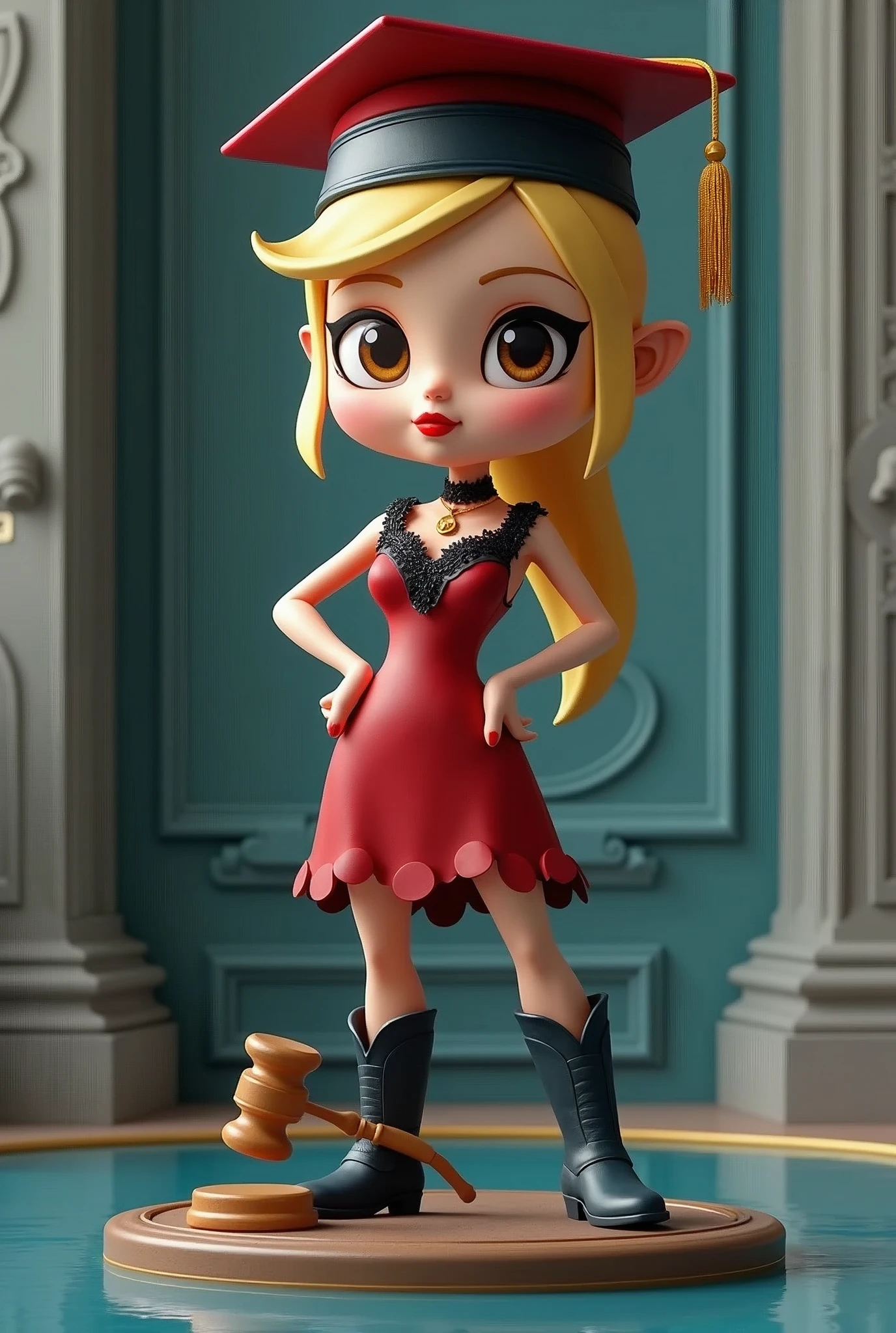 Set against a reflective sapphire liquid with hints of of gold is an adorable 3D render of a slender little chibi-style cowgirl wearing a sapphire graduation cap and sapphire cowboy boots with one hand on her hip, wearing a deep red satin dress with black lace detailing, on The other hand ajudge gavel . She has striking light brown eyes and is adorned with red lipstick, Blonde hair. The woman is positioned against a backdrop of ornate gray walls with intricate moldings. She wears a choker necklace with a pendant and has a confident, alluring expression.